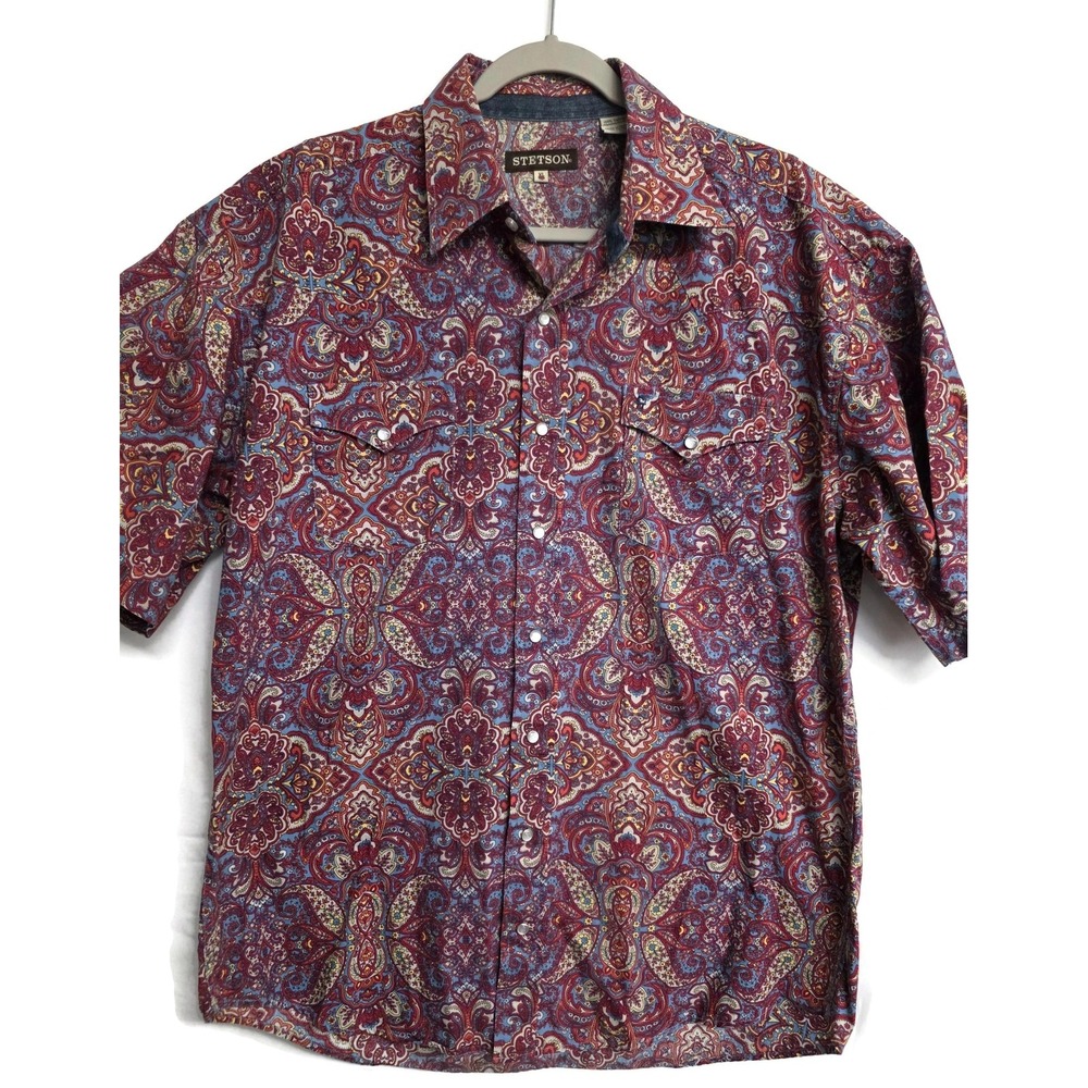 Stetson Mens XL Red Paisley Short Sleeve Snap Front Western Cotton Shirt
